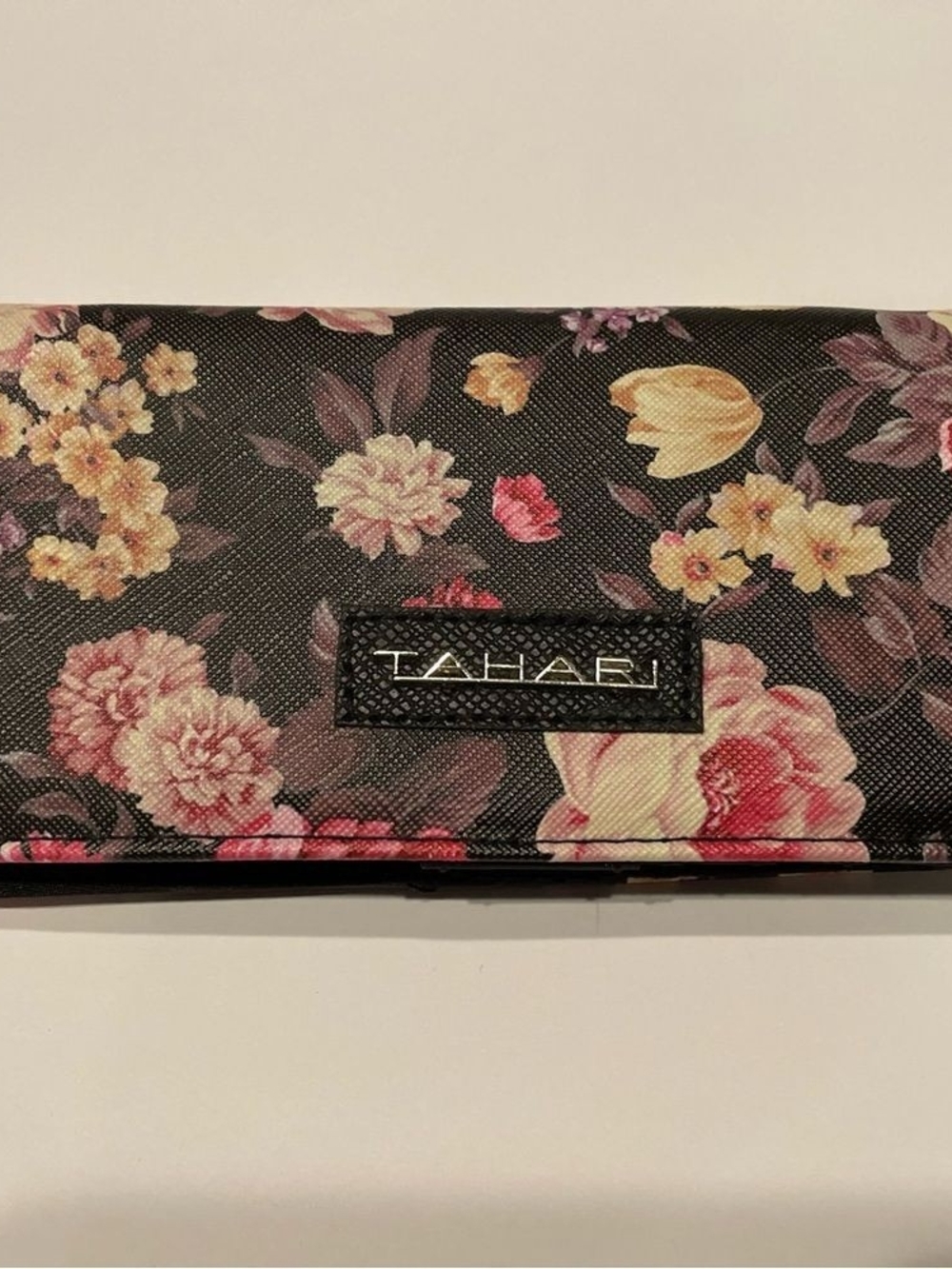 Tahari Black Floral Wallet with Pink and Cream Blooms